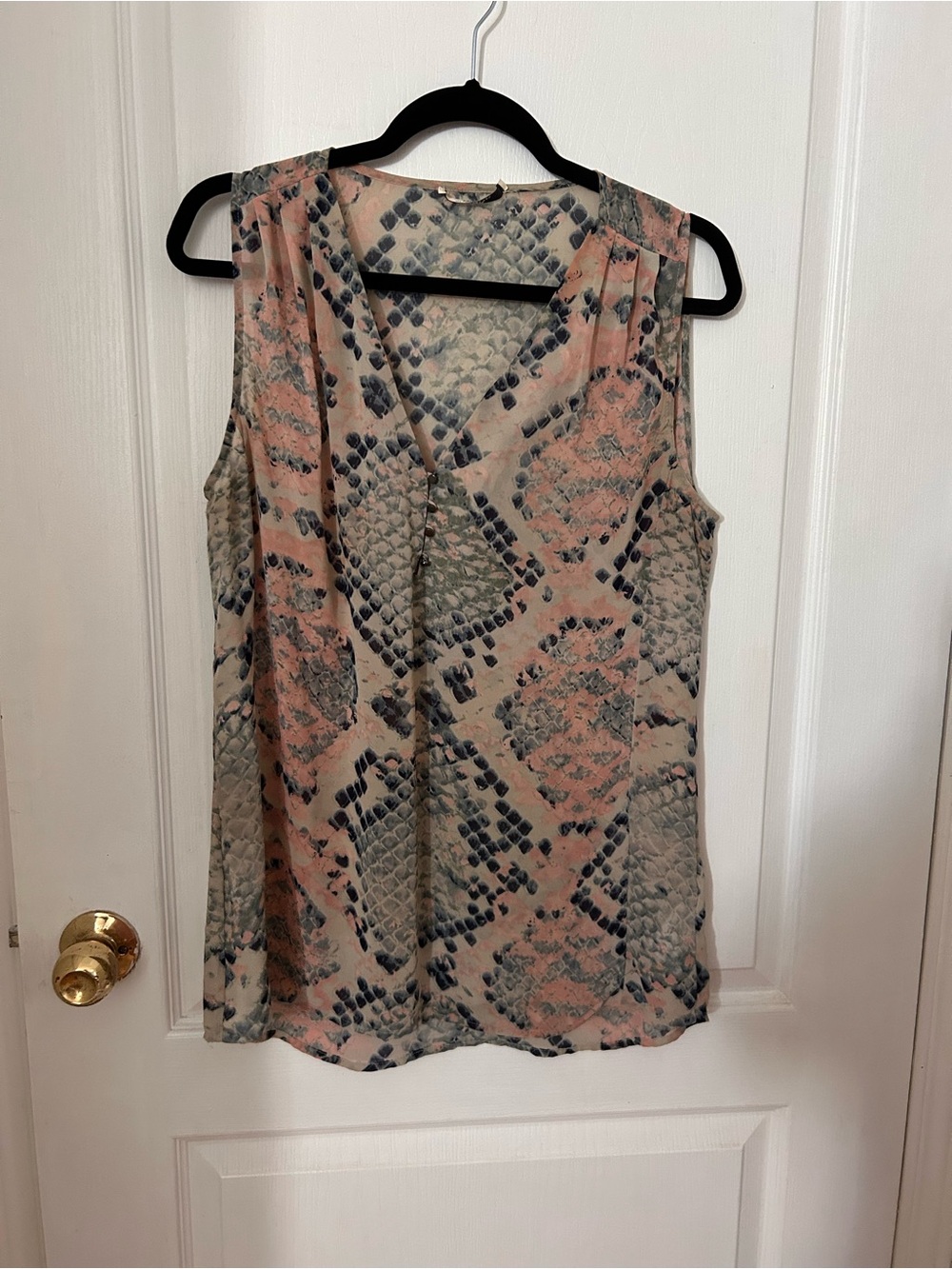 Mexx Pink and Gray Sleeveless V-Neck Printed Blouse